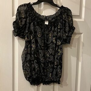 Smocked Off-Shoulder Paisley Blouse in Black
